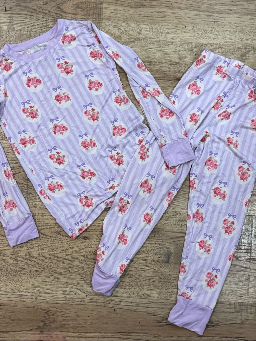 Girls Lavender Floral Long-Sleeve Pajama Set with Pink Rose Print